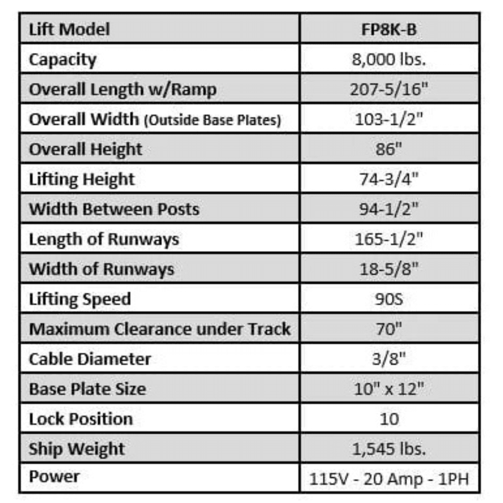 Tuxedo FP8K-B Deluxe 4-Post Storage Lift 3628.7kg