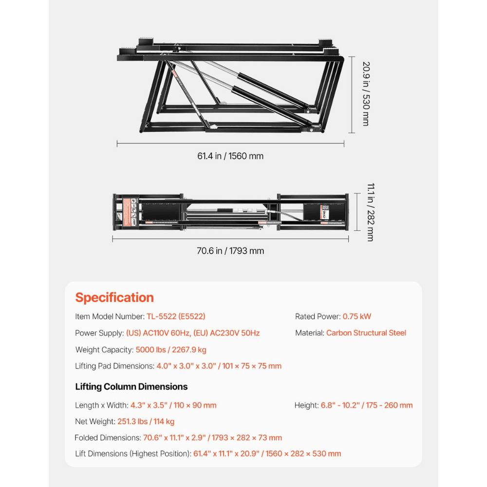 Adjustable Portable Car Lift with Remote Control 2268kg